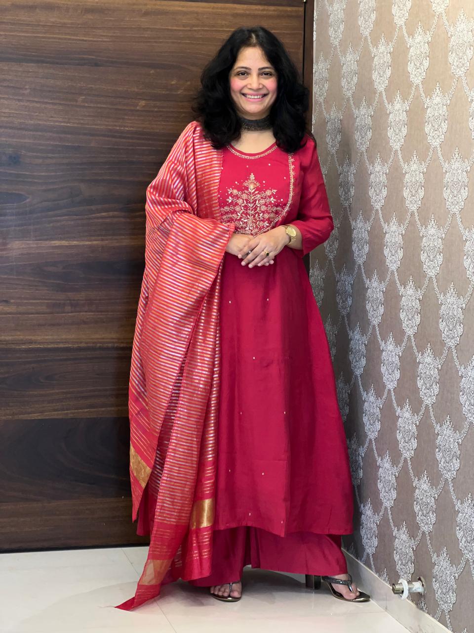 Hot Pink Color Mul Chanderi Dupatta Set