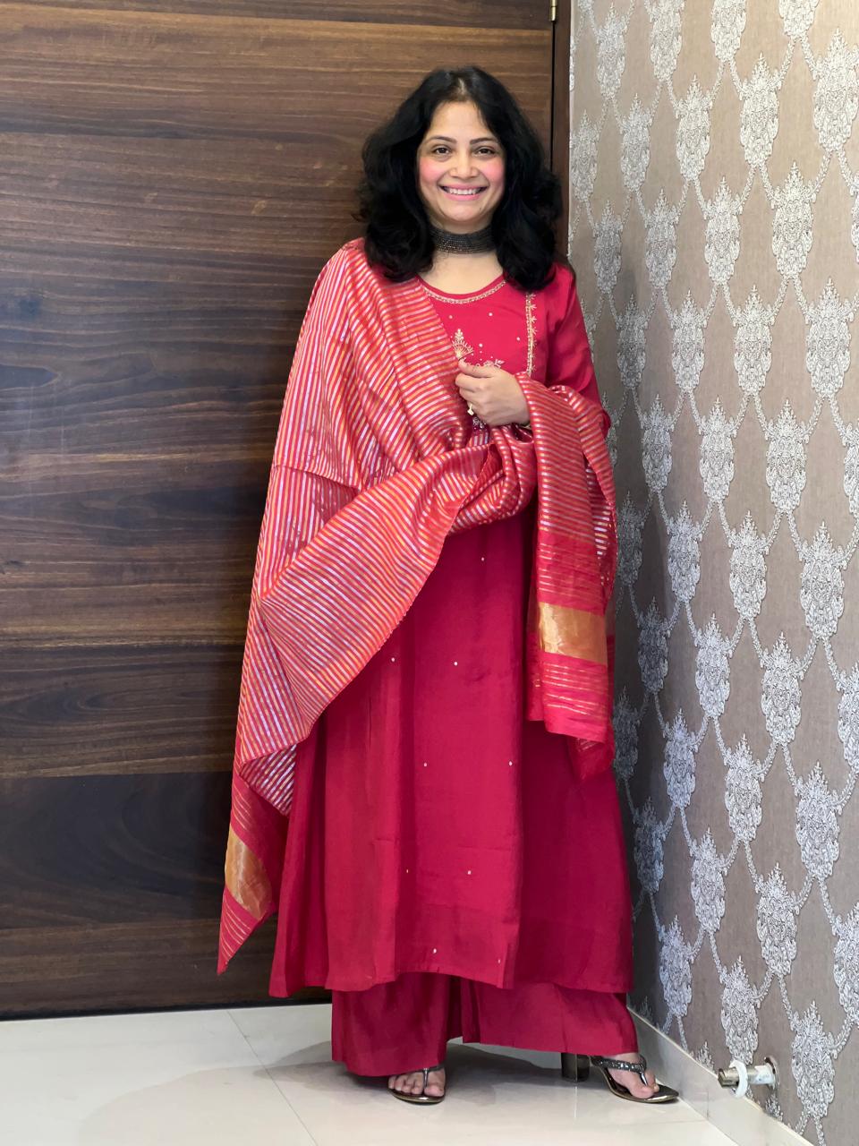 Hot Pink Color Mul Chanderi Dupatta Set