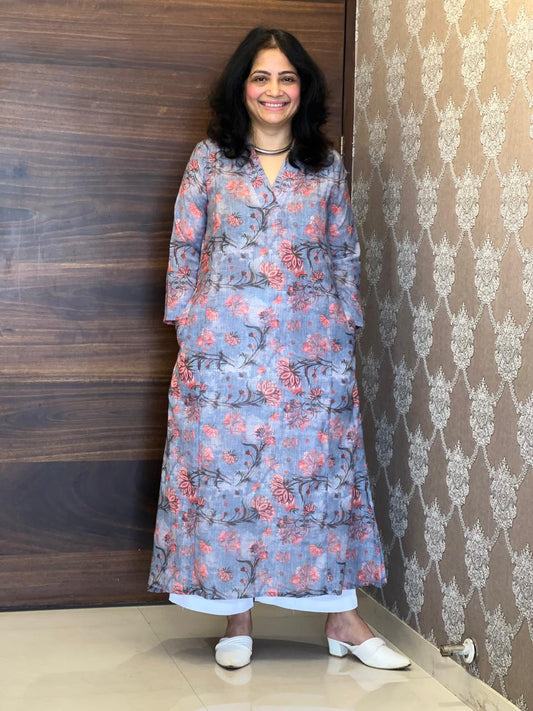 Dusty Blue Grey Colour Kalamkari Digital Print Linen A-Line Kurti