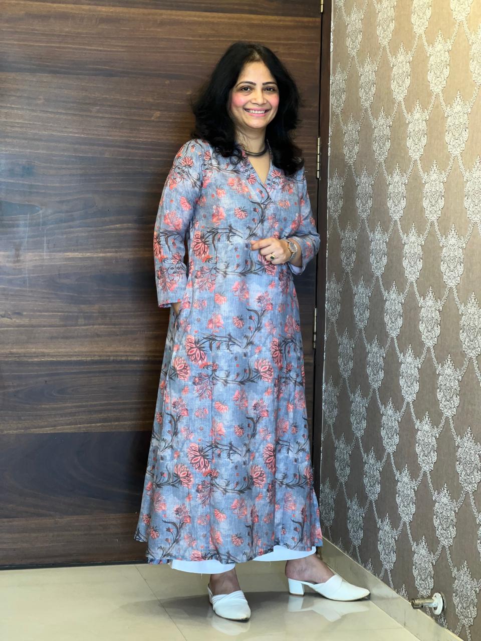 Dusty Blue Grey Colour Kalamkari Digital Print Linen A-Line Kurti
