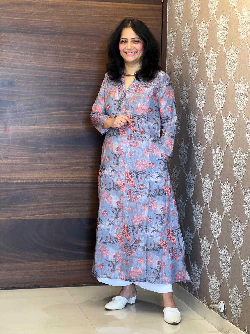 Dusty Blue Grey Colour Kalamkari Digital Print Linen A-Line Kurti
