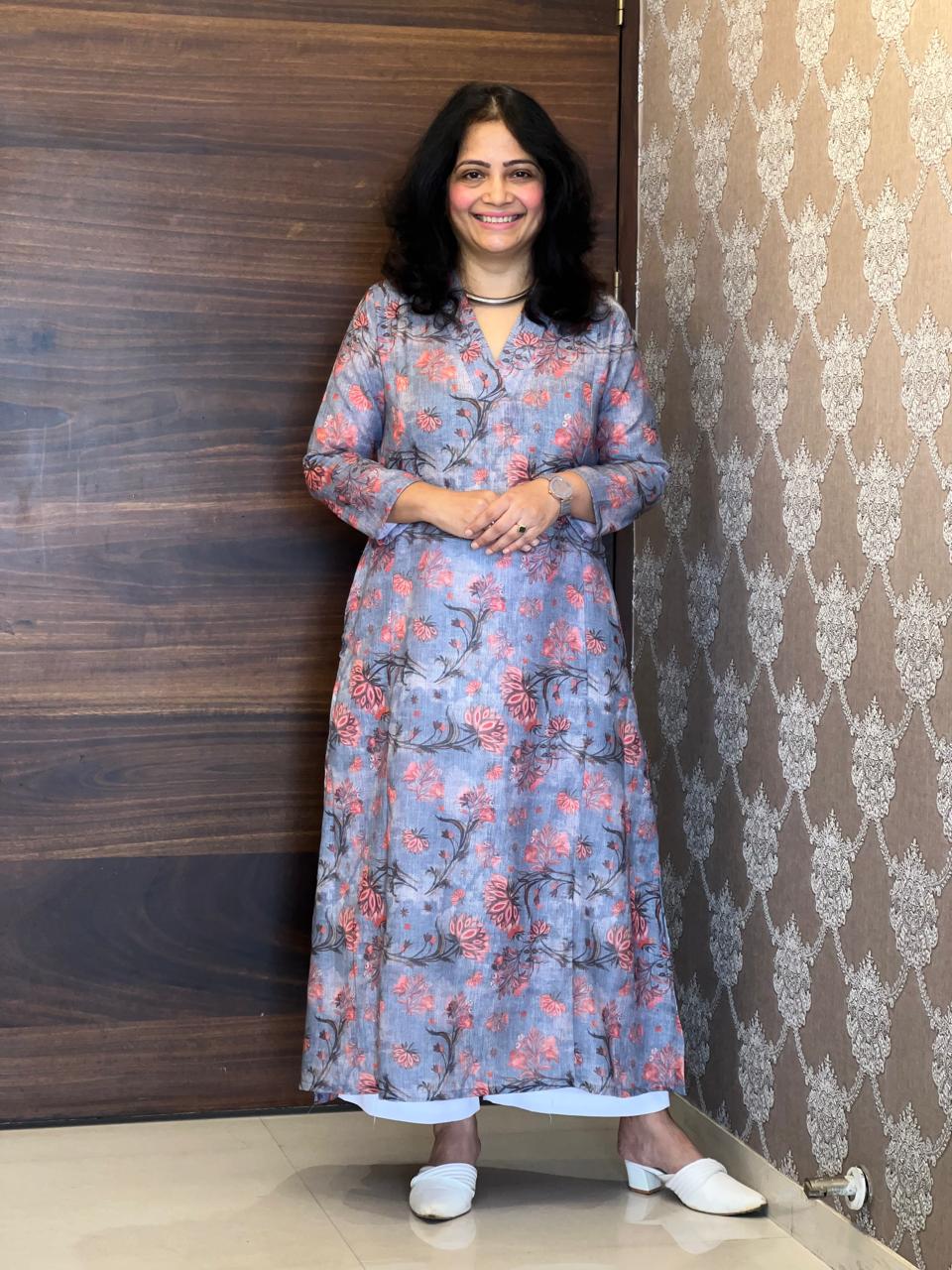 Dusty Blue Grey Colour Kalamkari Digital Print Linen A-Line Kurti