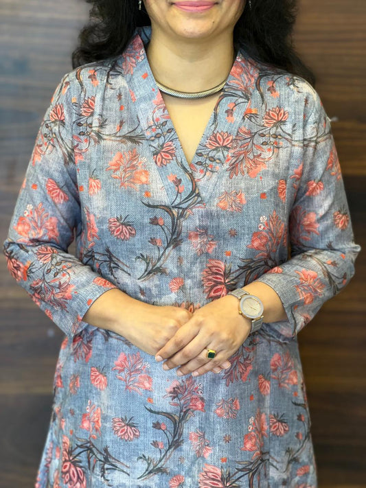 Dusty Blue Grey Colour Kalamkari Digital Print Linen A-Line Kurti