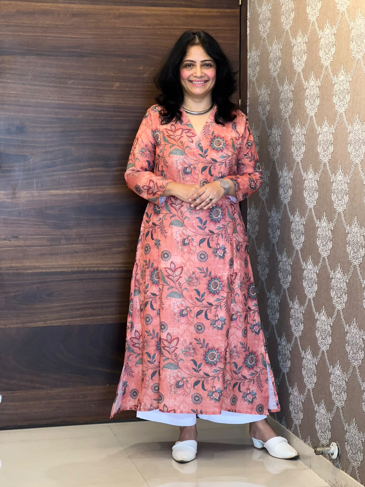 Coral Peach Kalamkari Digital Print Linen A-Line Kurti