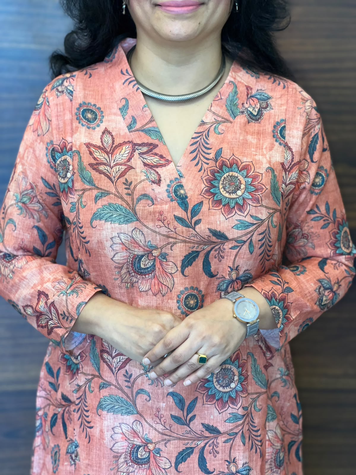 Coral Peach Kalamkari Digital Print Linen A-Line Kurti