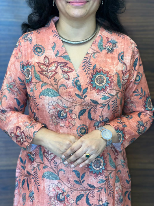 Coral Peach Kalamkari Digital Print Linen A-Line Kurti
