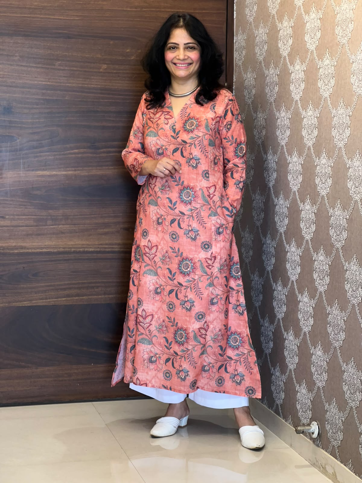 Coral Peach Kalamkari Digital Print Linen A-Line Kurti
