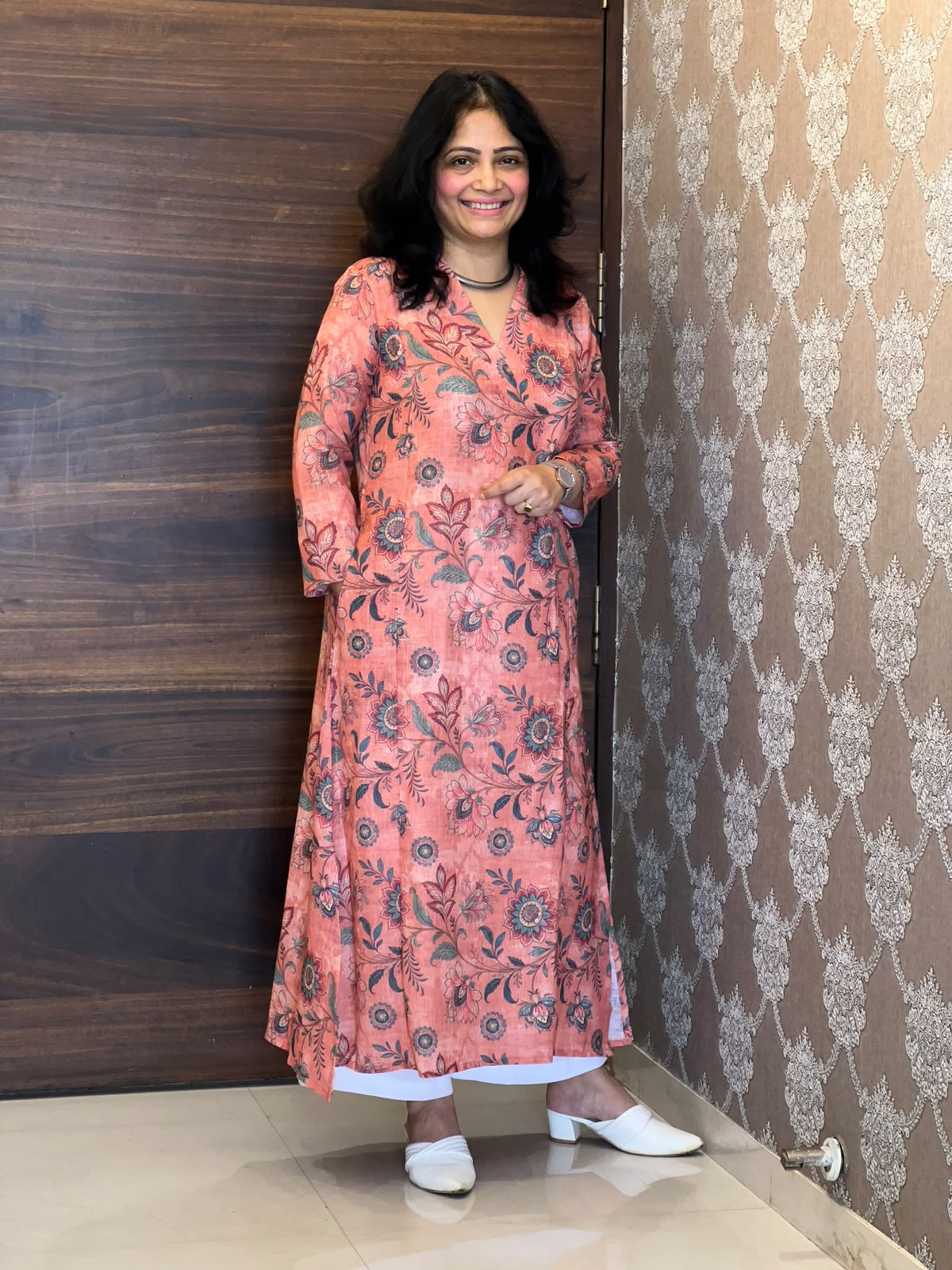Coral Peach Kalamkari Digital Print Linen A-Line Kurti