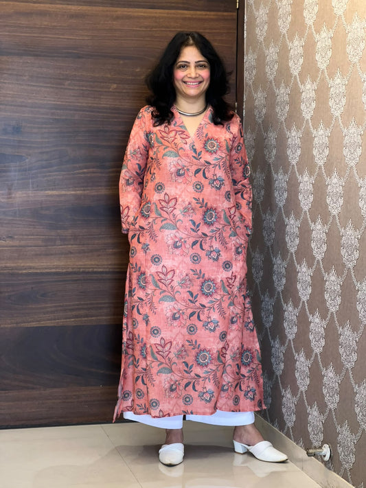 Coral Peach Kalamkari Digital Print Linen A-Line Kurti