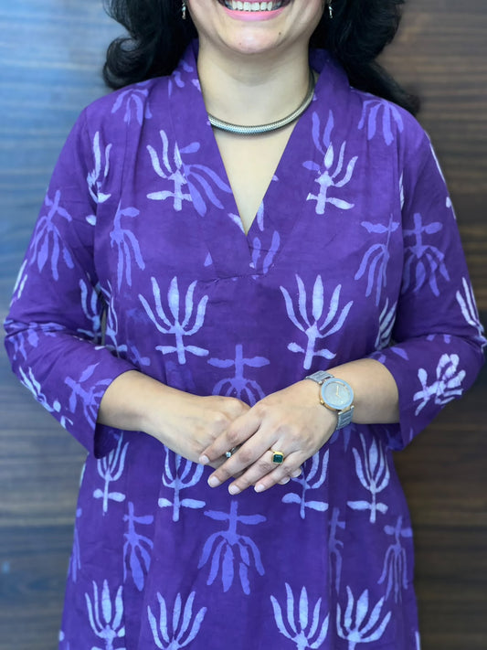 Purple Color Dabu Hand Block Printed Pure Cotton A Line Kurti