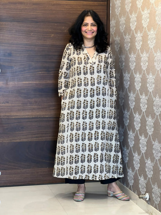 Off-White Color Dabu Hand Block Printed Cotton Flex A Line Kurti
