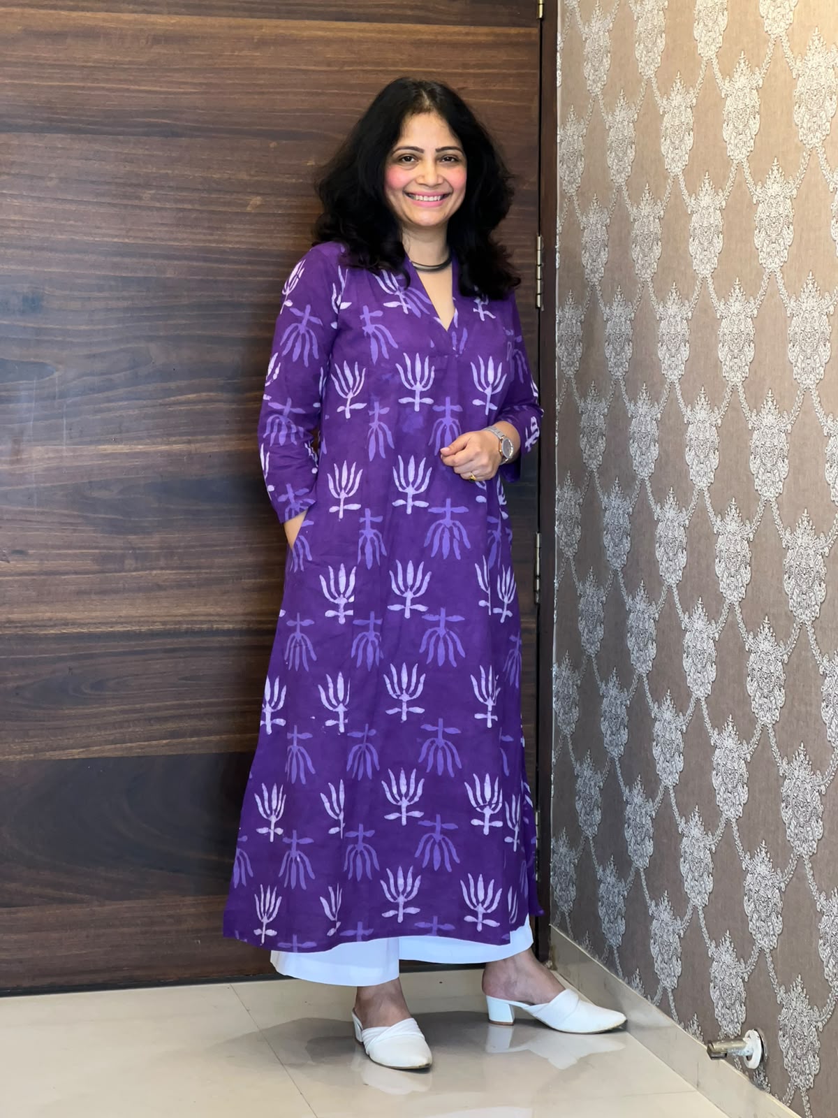 Purple Color Dabu Hand Block Printed Pure Cotton A Line Kurti