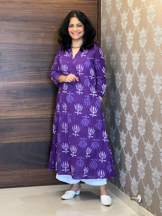 Purple Color Dabu Hand Block Printed Pure Cotton A Line Kurti