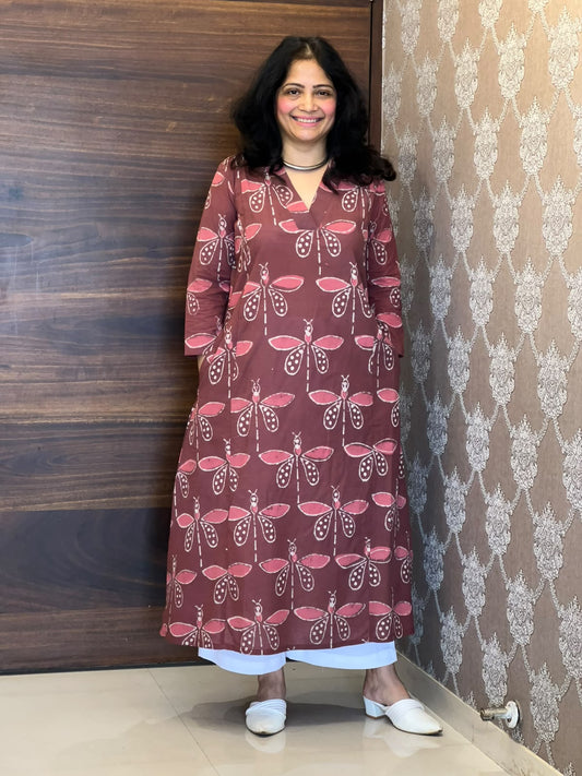 Muted Wine Color Dabu Hand Block Printed Pure Cotton A Line Kurti