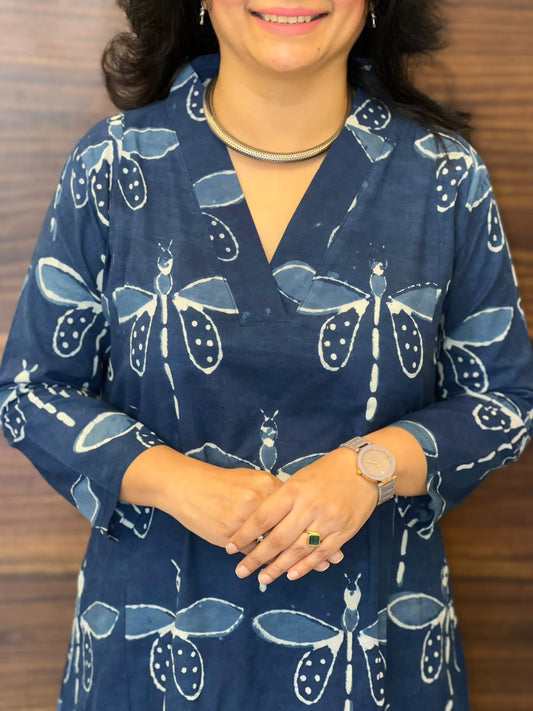 Blue Color Dabu Hand Block Printed Pure Cotton A Line Kurti