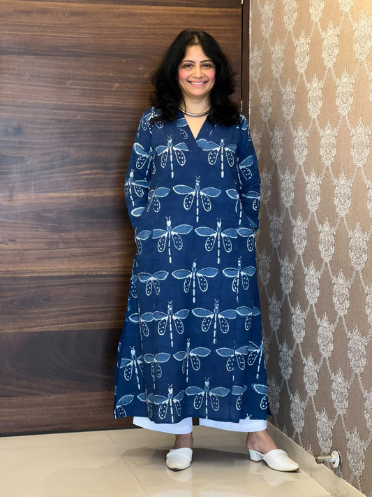 Blue Color Dabu Hand Block Printed Pure Cotton A Line Kurti