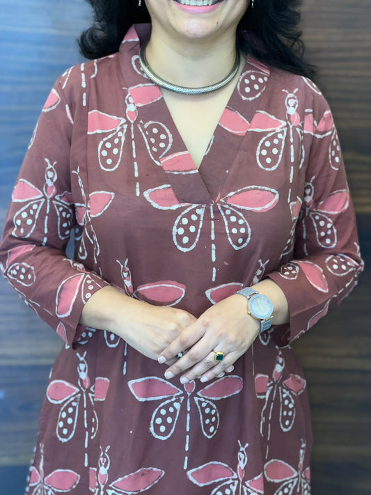 Muted Wine Color Dabu Hand Block Printed Pure Cotton A Line Kurti
