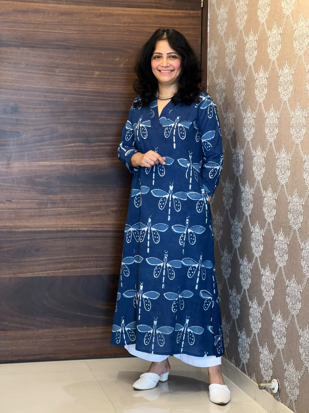 Blue Color Dabu Hand Block Printed Pure Cotton A Line Kurti