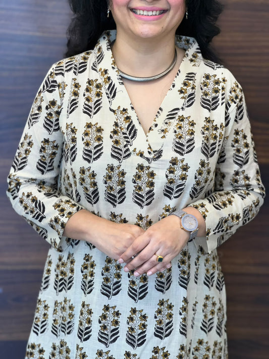 Off-White Color Dabu Hand Block Printed Cotton Flex A Line Kurti