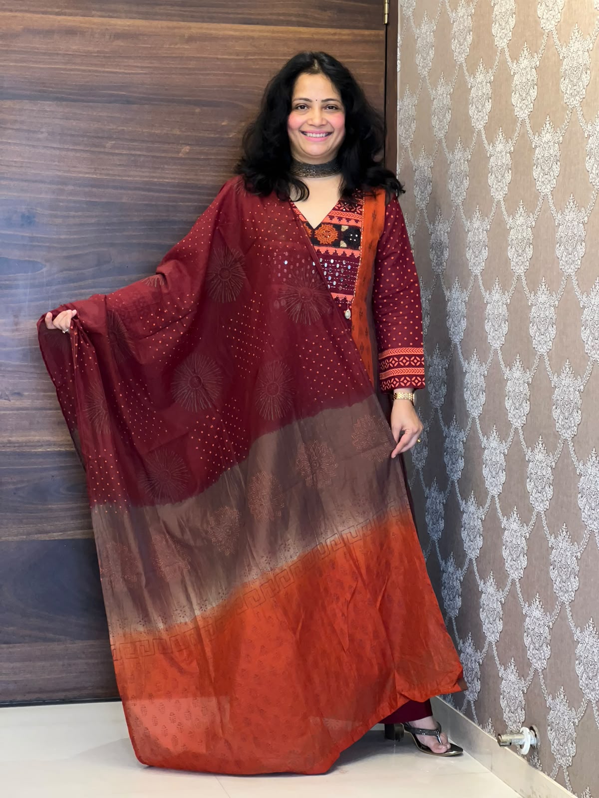 Brown-Rust Color Mul Chanderi Dupatta Set