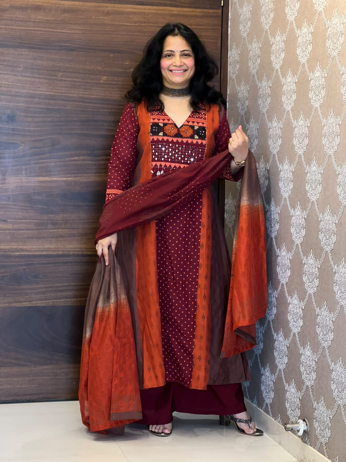 Brown-Rust Color Mul Chanderi Dupatta Set