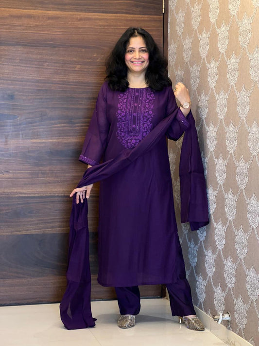 Purple Color Mul Chanderi Dupatta Set