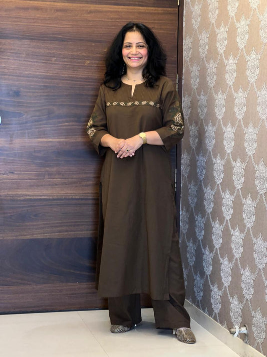 Coffee Brown Cotton Flex Kurti-Pant Set