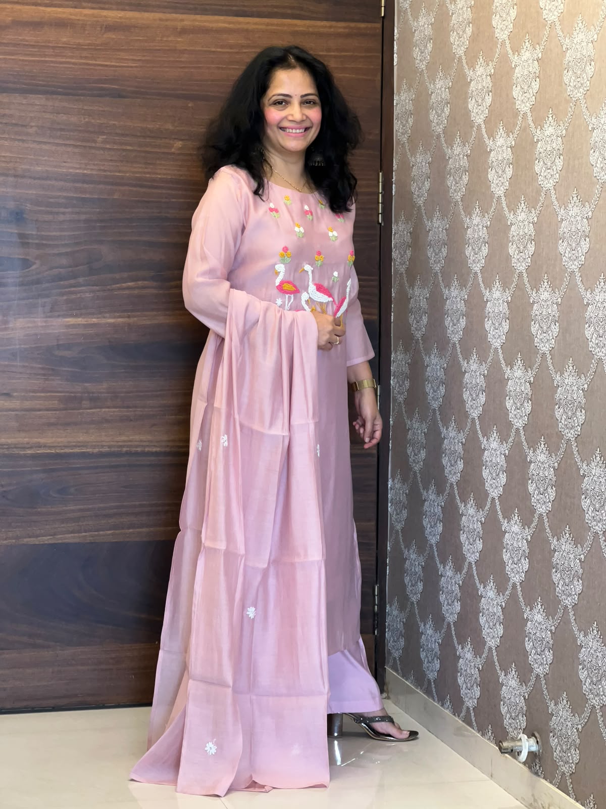 Pastel Pink Color Mul Chanderi Dupatta Set With Bird Embroidery