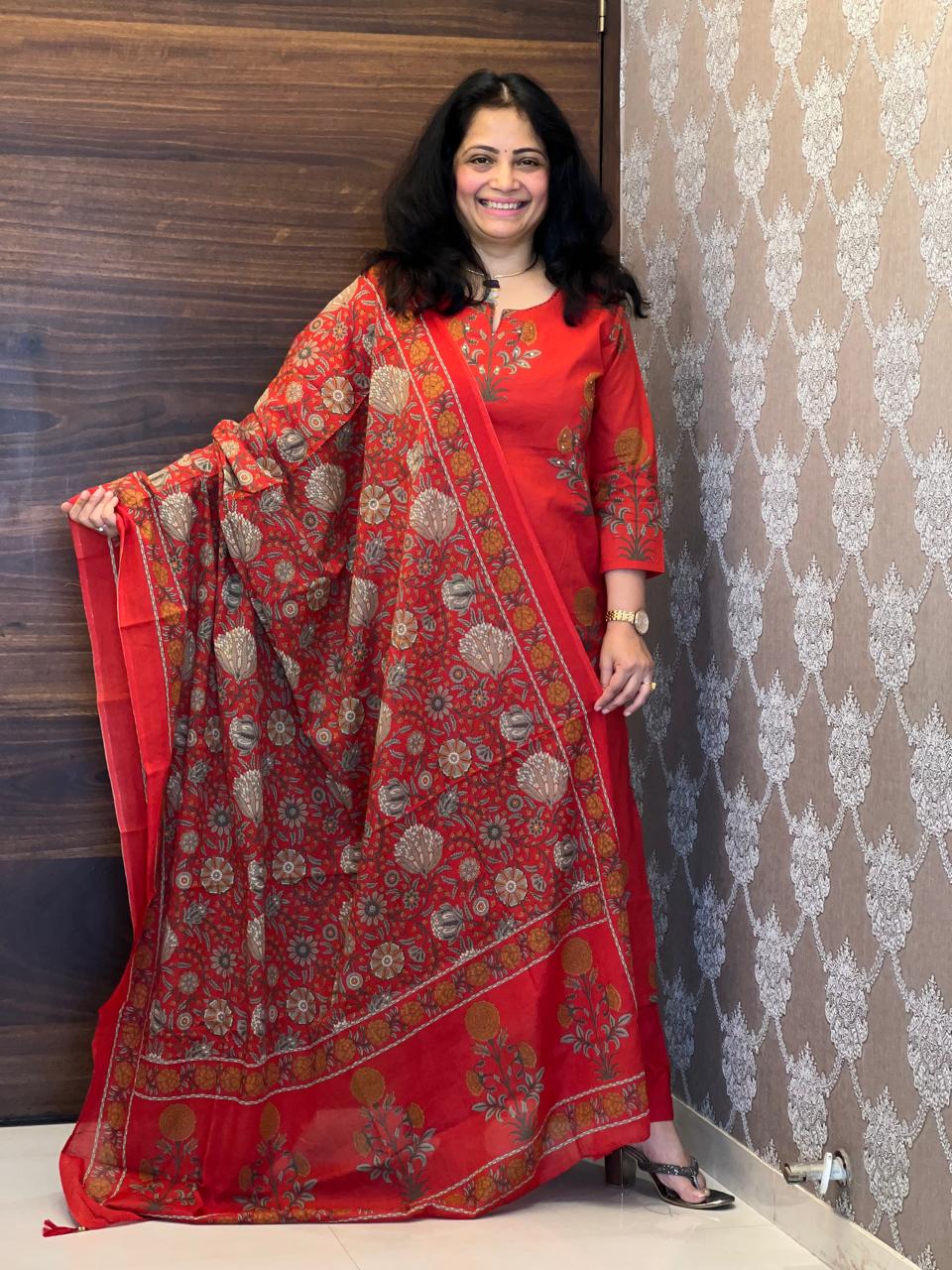 Rust Color Pure Cotton Dupatta Set