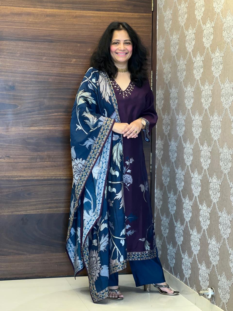 Wine-Teal Color Pure Muslin Dupatta Set