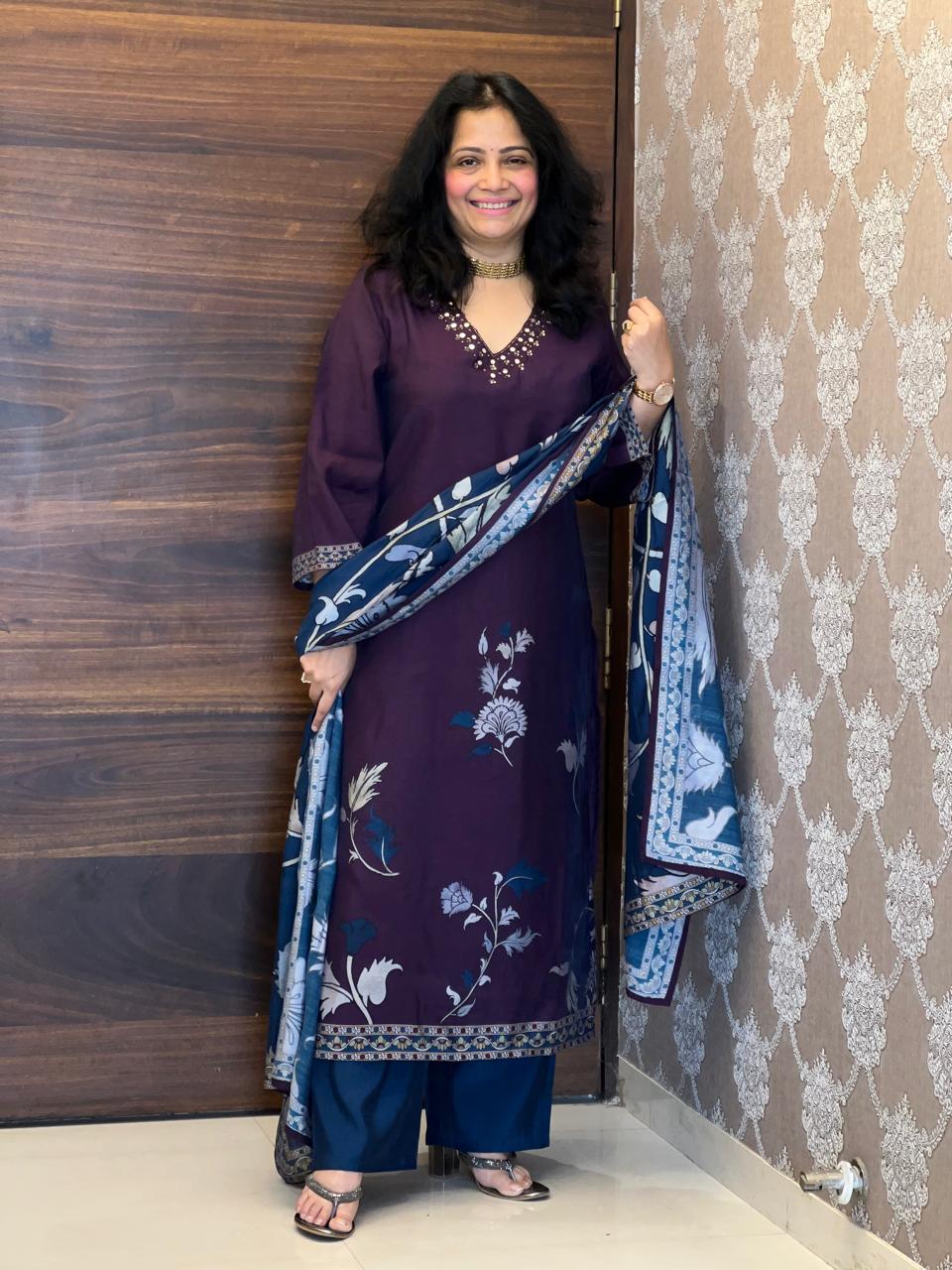 Wine-Teal Color Pure Muslin Dupatta Set