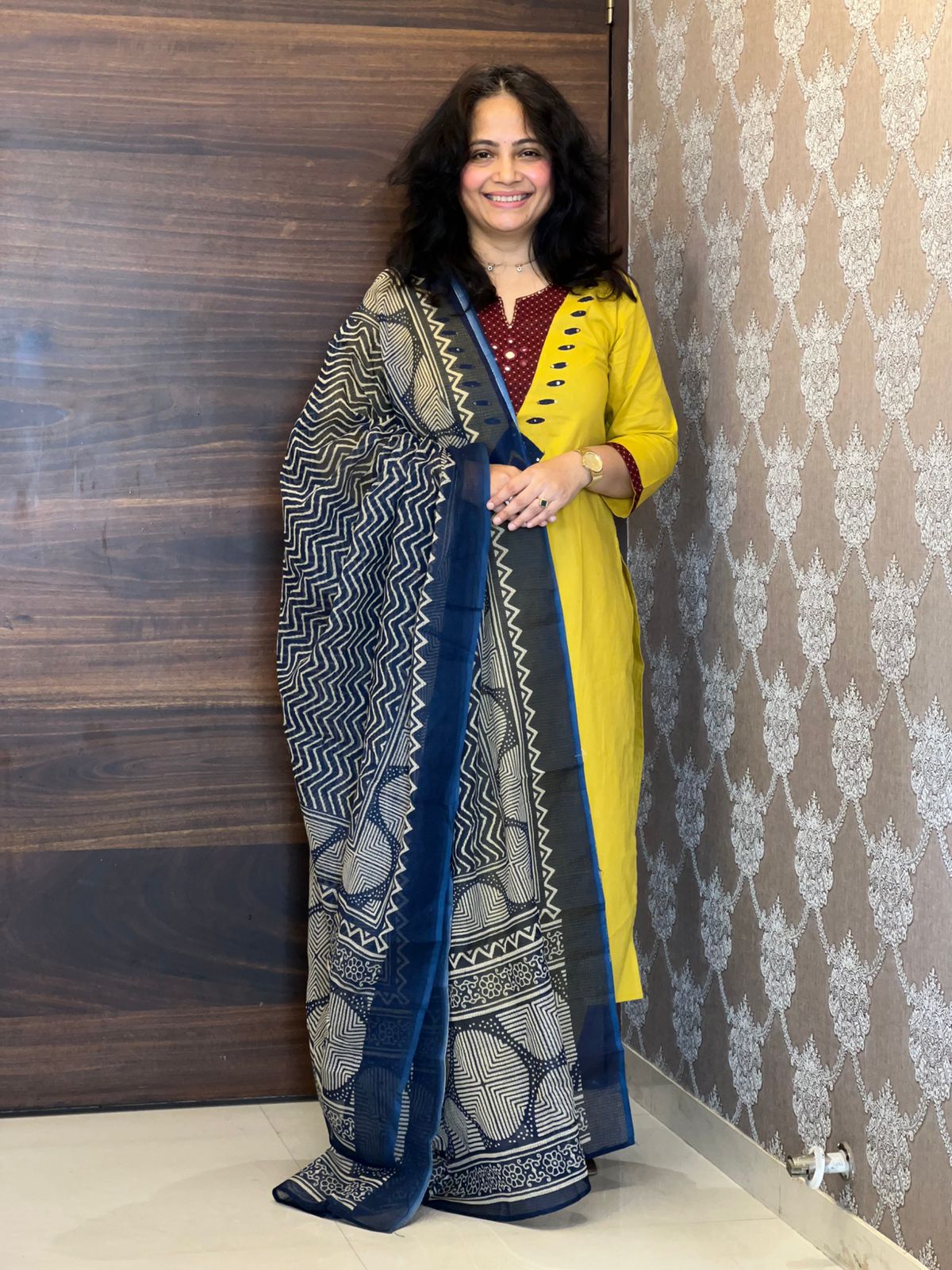 Yellow- Blue Premium Cotton Dupatta Set