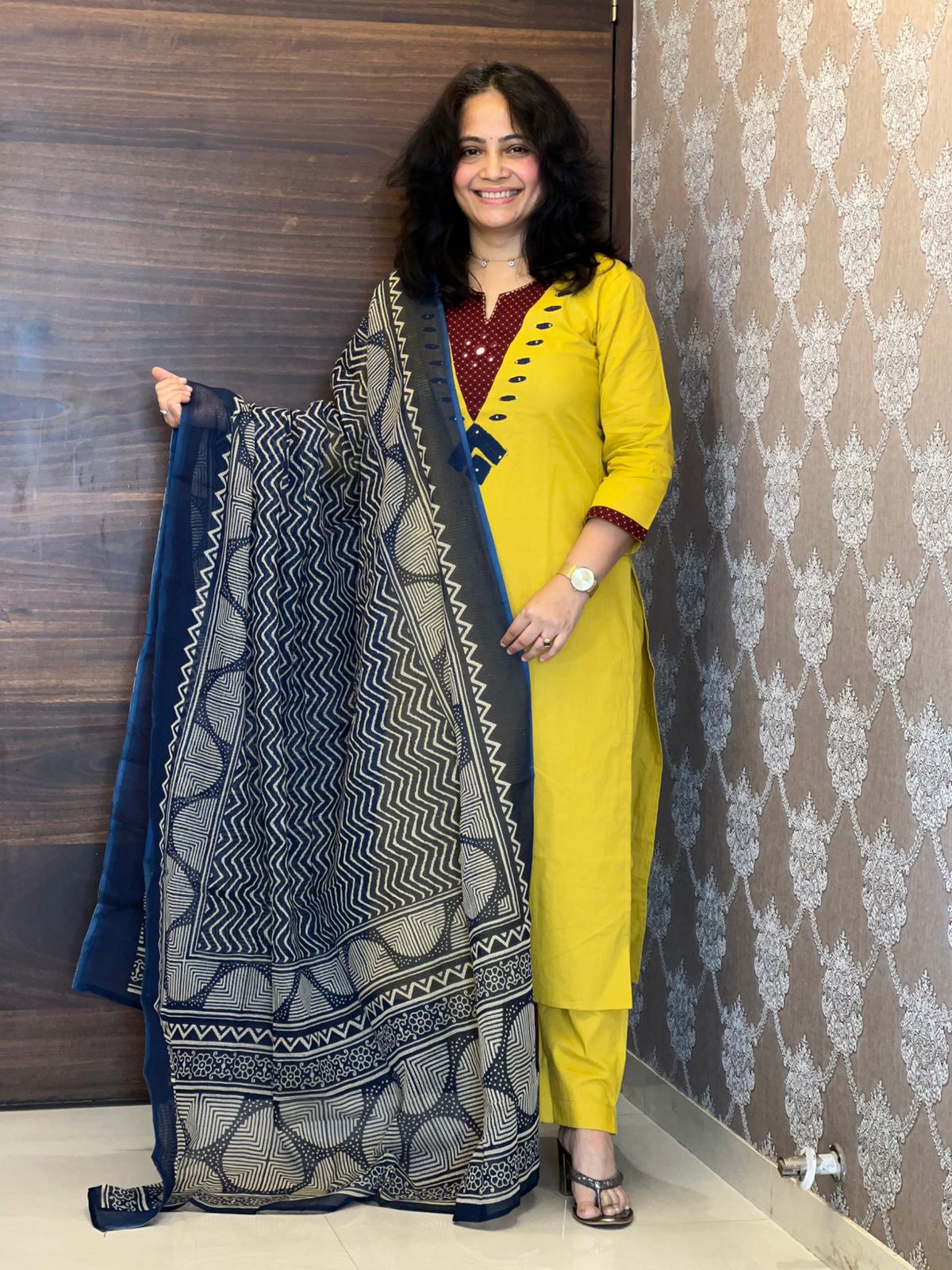 Yellow- Blue Premium Cotton Dupatta Set