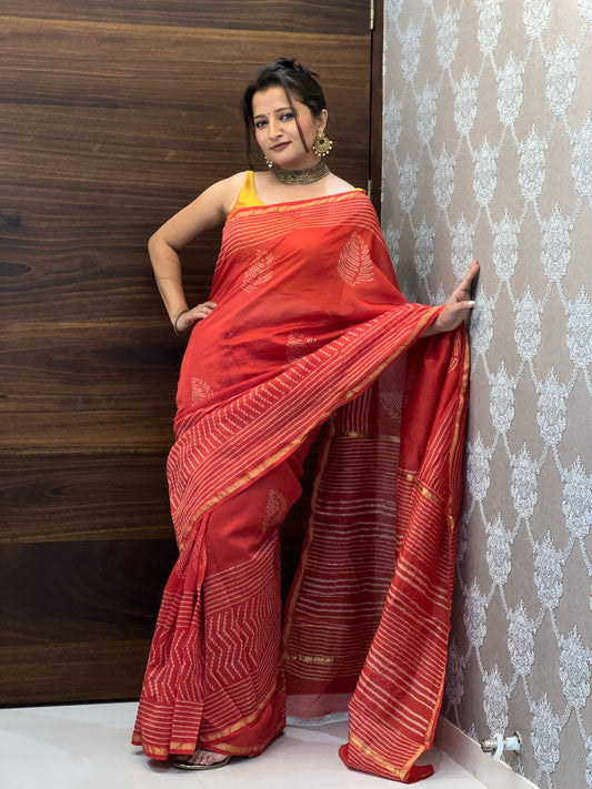 Red Color Hand block Printed Chanderi Silk