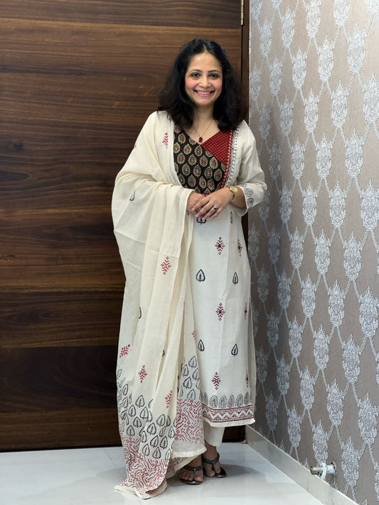 Beige Color Cotton Flex Block Printed Dupatta Set