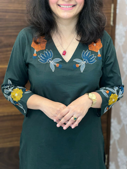 Bottle Green Color Cotton Kurti-Palazzo Set