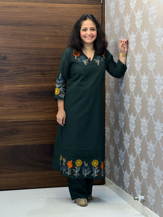 Bottle Green Color Cotton Kurti-Palazzo Set