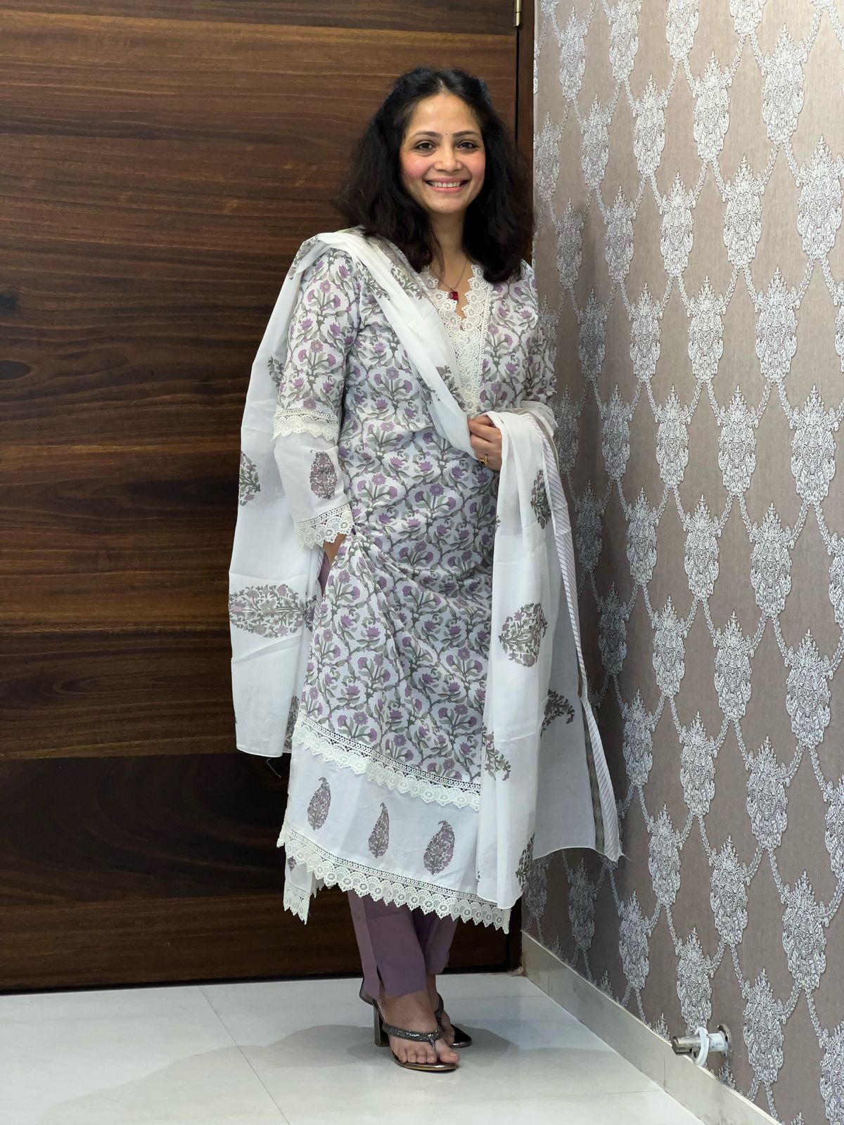Off-white-Lavender Color Pure Cotton Dupatta Set