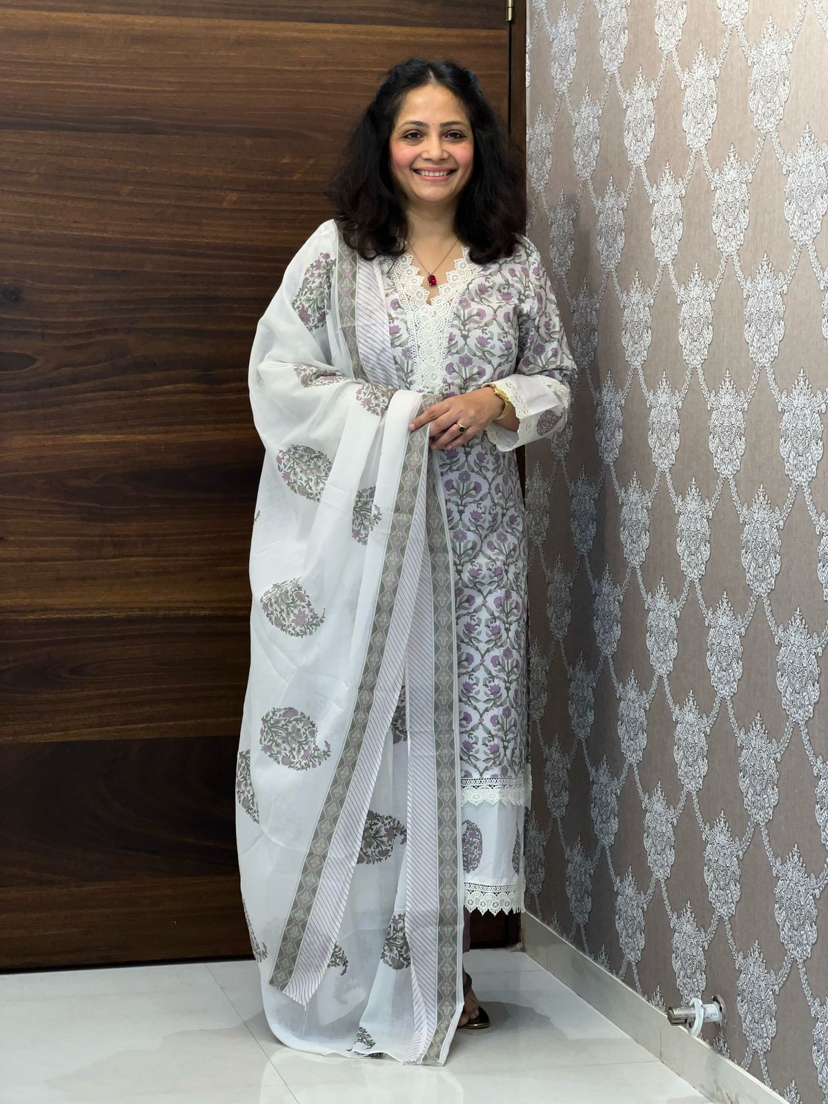 Off-white-Lavender Color Pure Cotton Dupatta Set