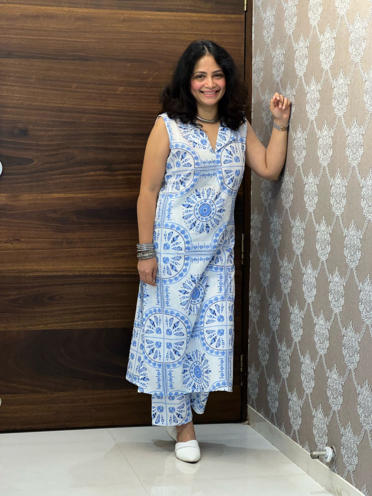 White Color Cotton Slub Kurti-Pant Set