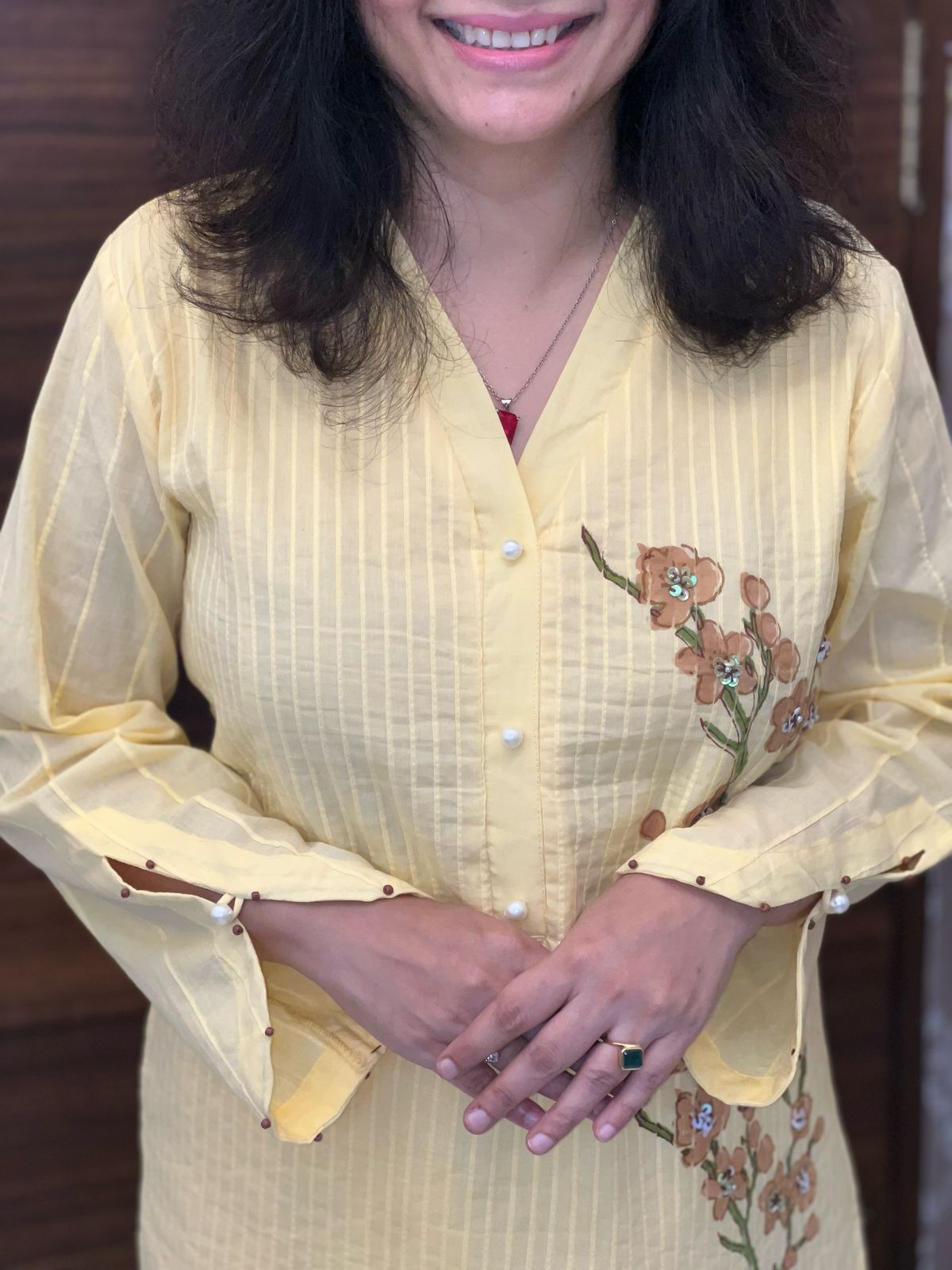 Placement Print Light Yellow Color Cotton Kurti-Pant Set