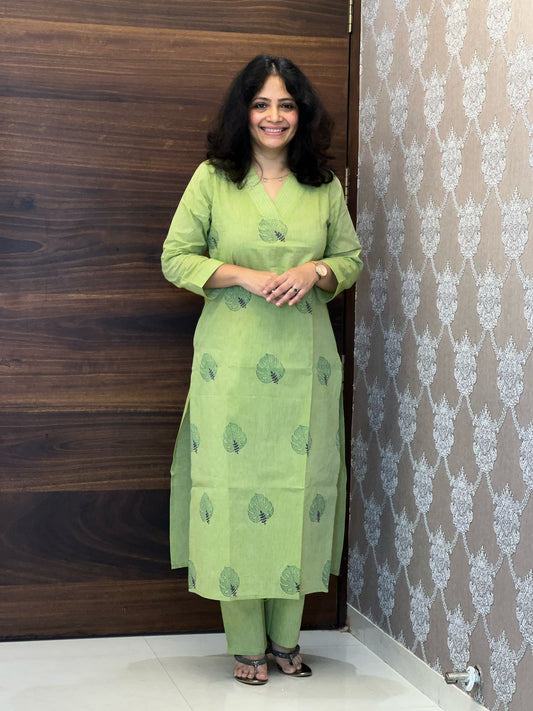 Hand-Block Printed Green-Purple Color Cotton Flex Dupatta Set