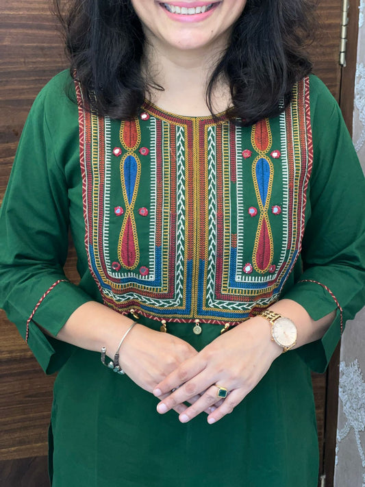Green Color Cotton Kurti-Palazzo Set