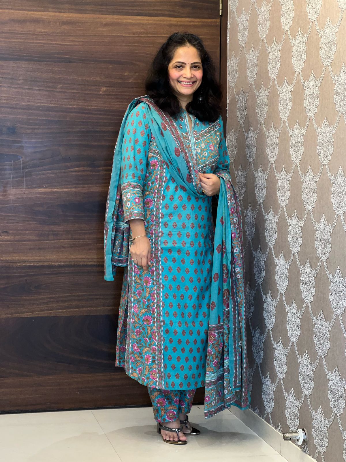Turquoise Blue Color Pure Cotton Dupatta Set