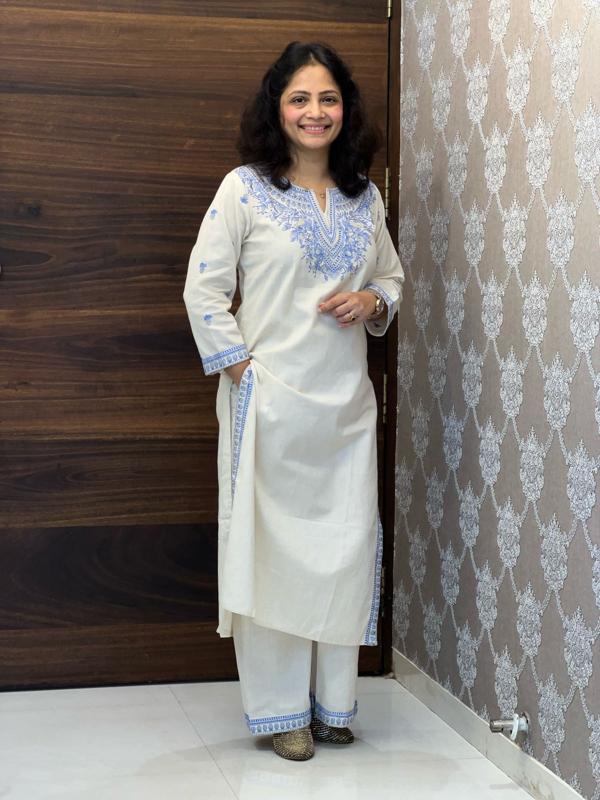Beige Color Cotton Flex Kurti-Palazzo Set