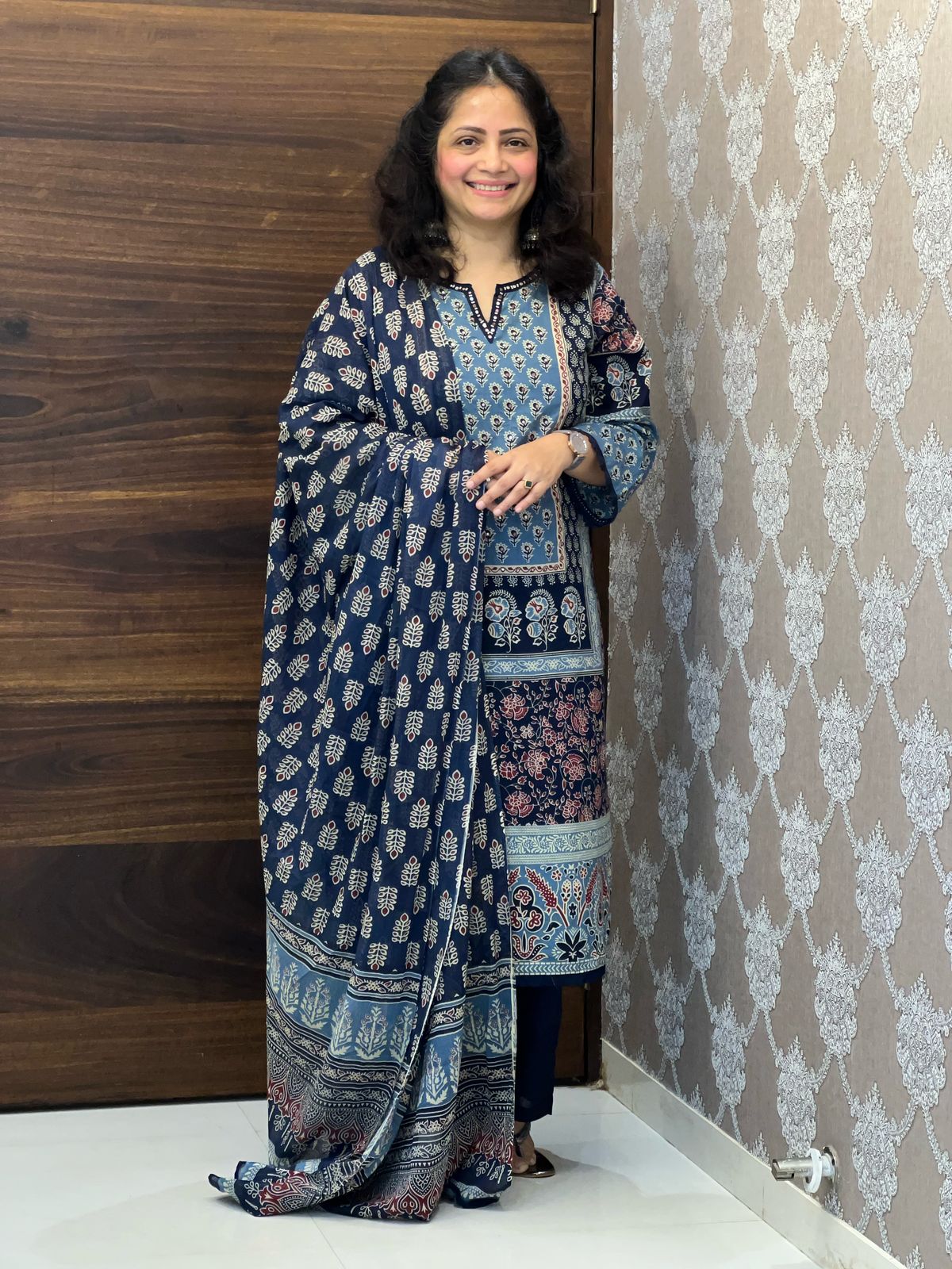 Digital Printed Light Blue-Dark Blue Colou Pure Cotton Dupatta Set