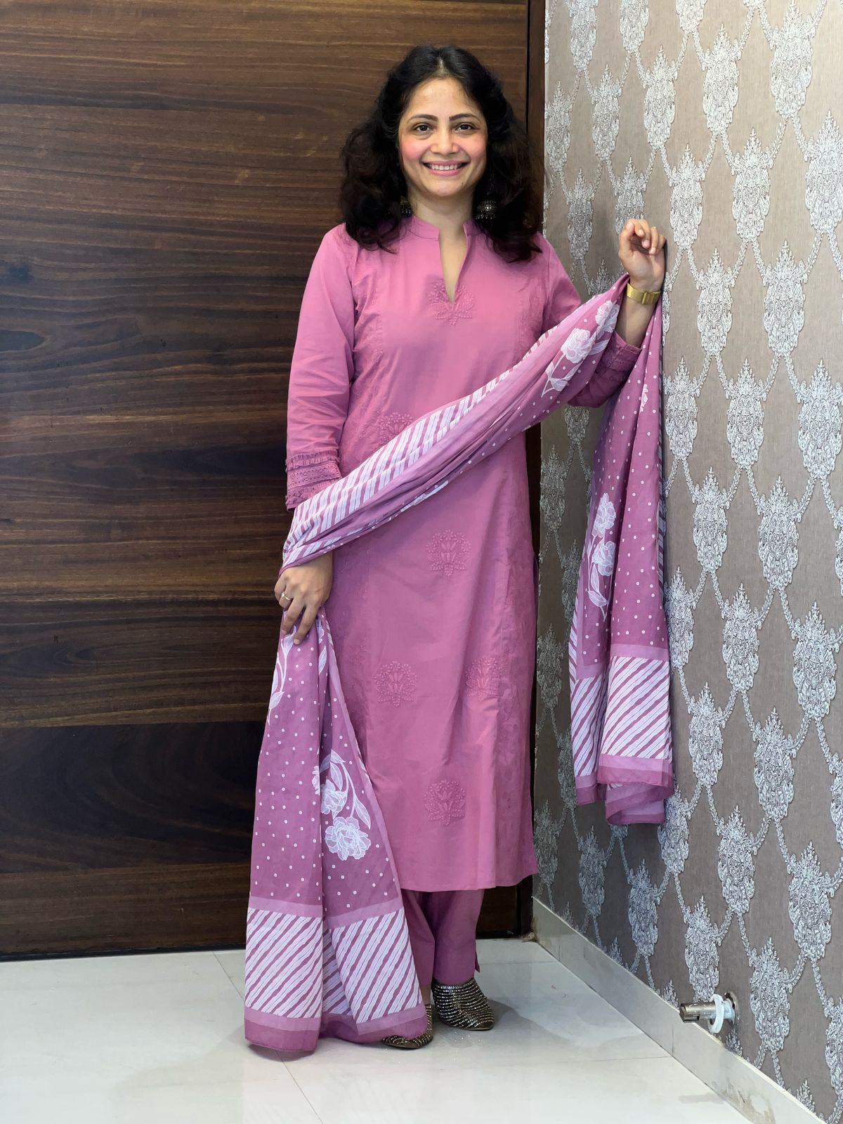 Mauve Pink Colour Tone & Tone Premium Cotton Dupatta Set