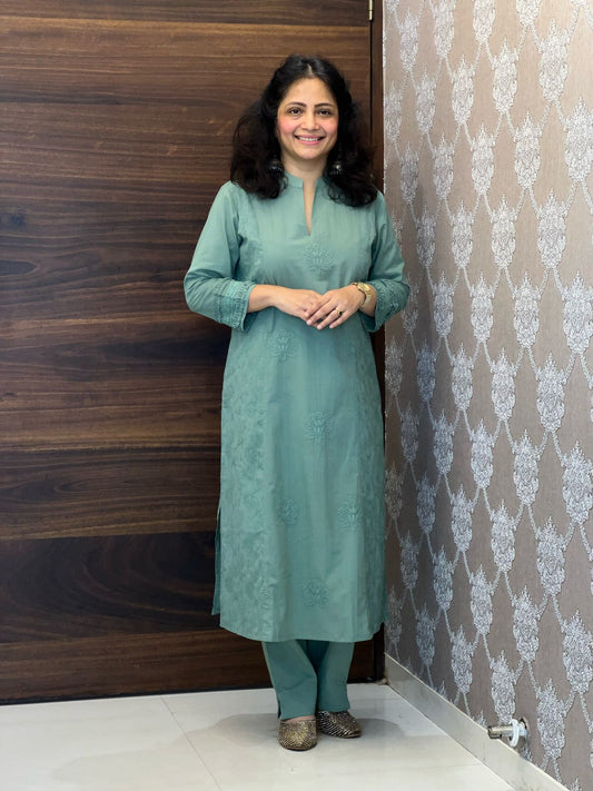 Sage Green Colour Tone & Tone Premium Cotton Dupatta Set