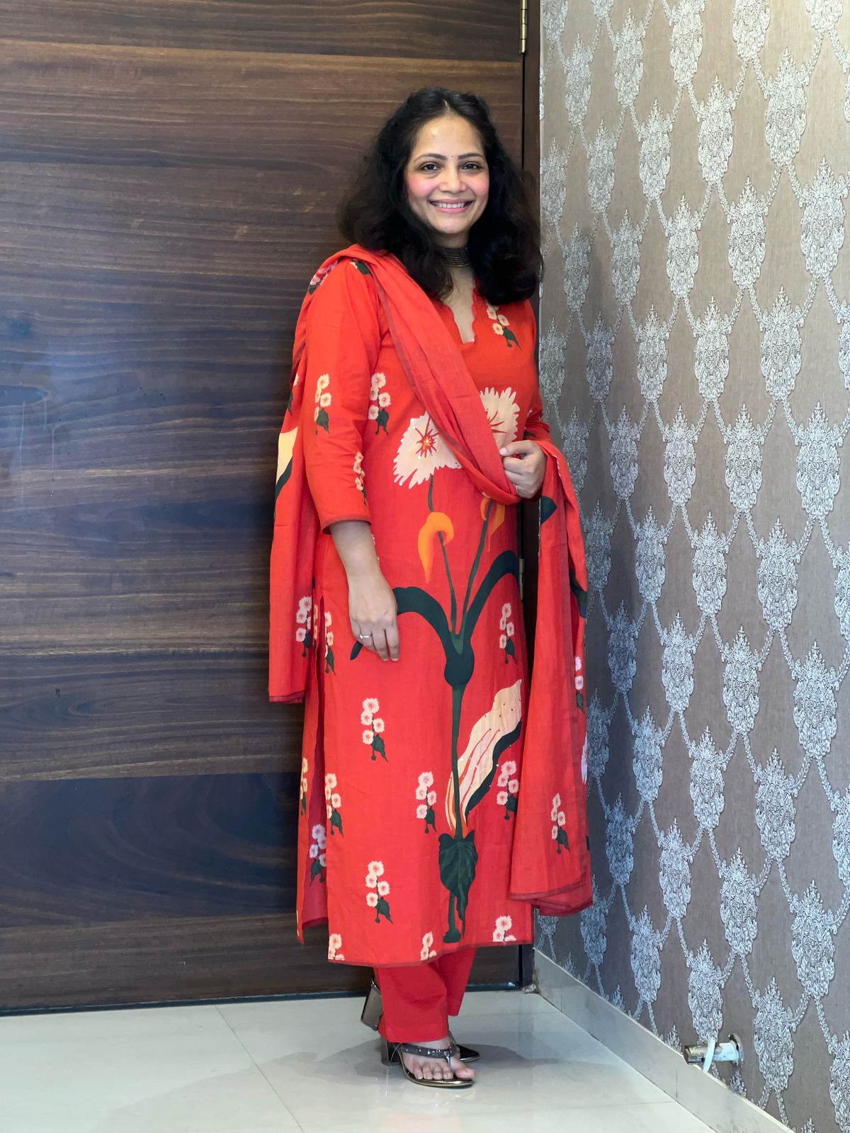 Digital Printed Light Reddish-Orange Colour Pure Cotton Dupatta Set