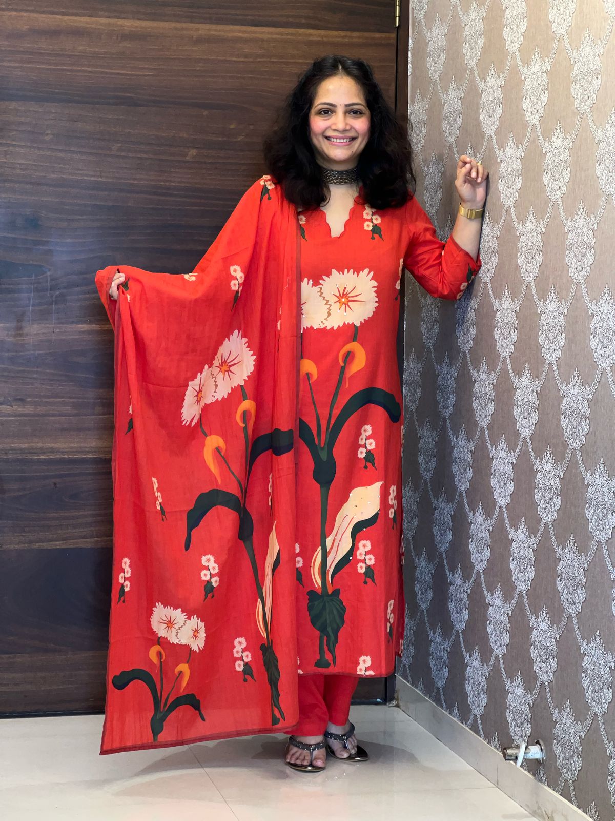 Digital Printed Light Reddish-Orange Colour Pure Cotton Dupatta Set